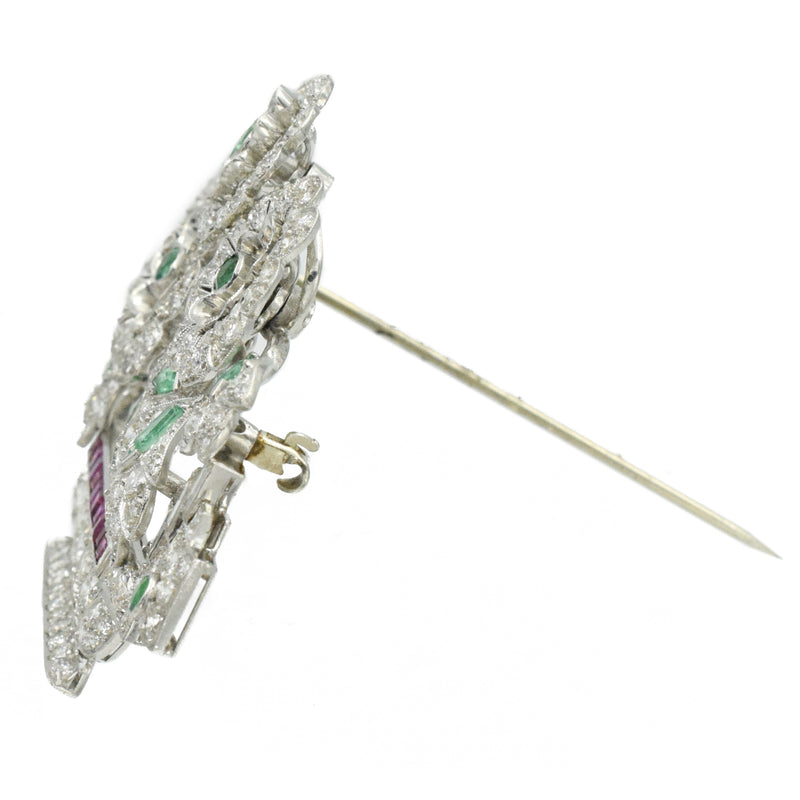 Art Deco Diamond, Emerald & Ruby Flower Brooch in Platinum