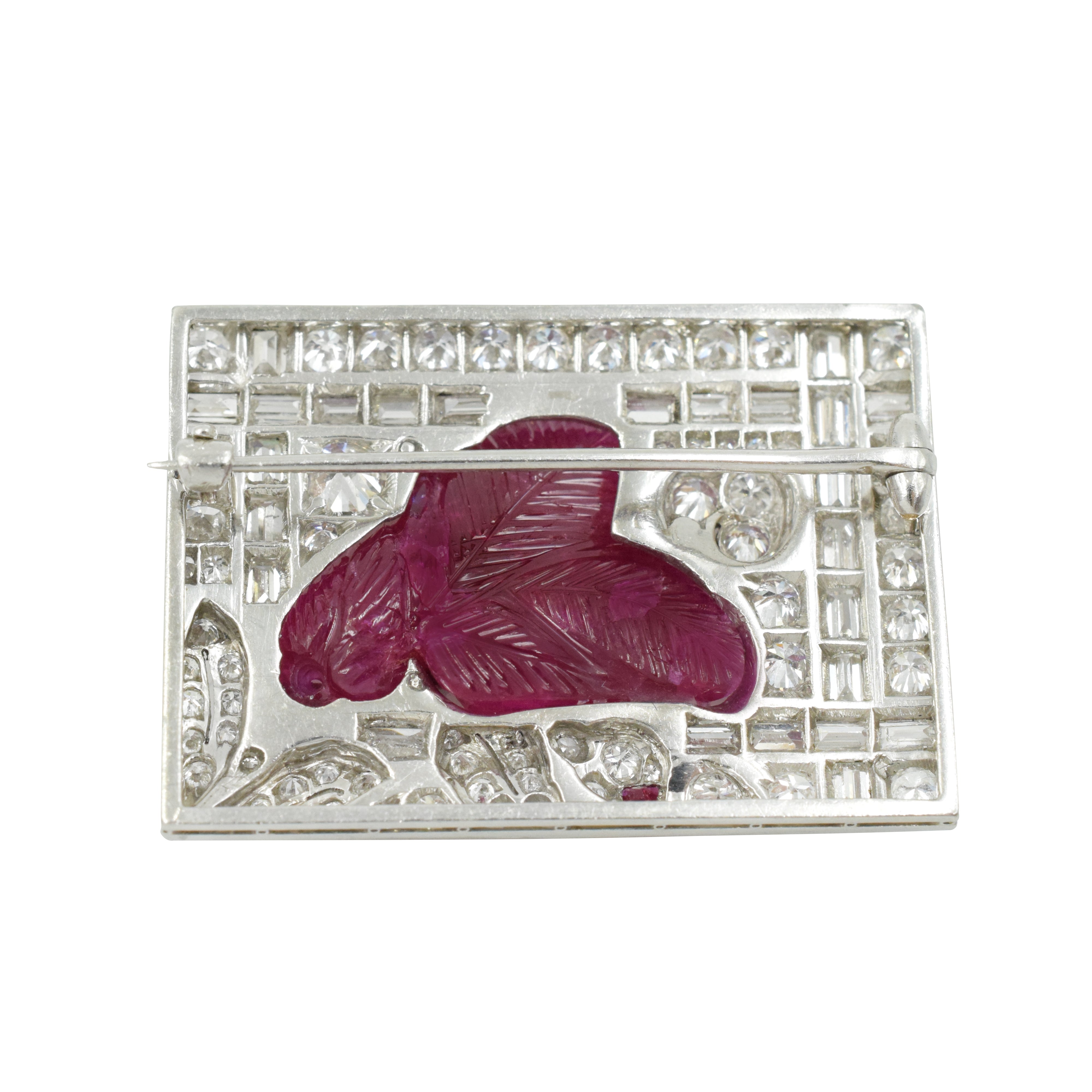 Art Deco Rectangular Carved Ruby & Diamond Brooch