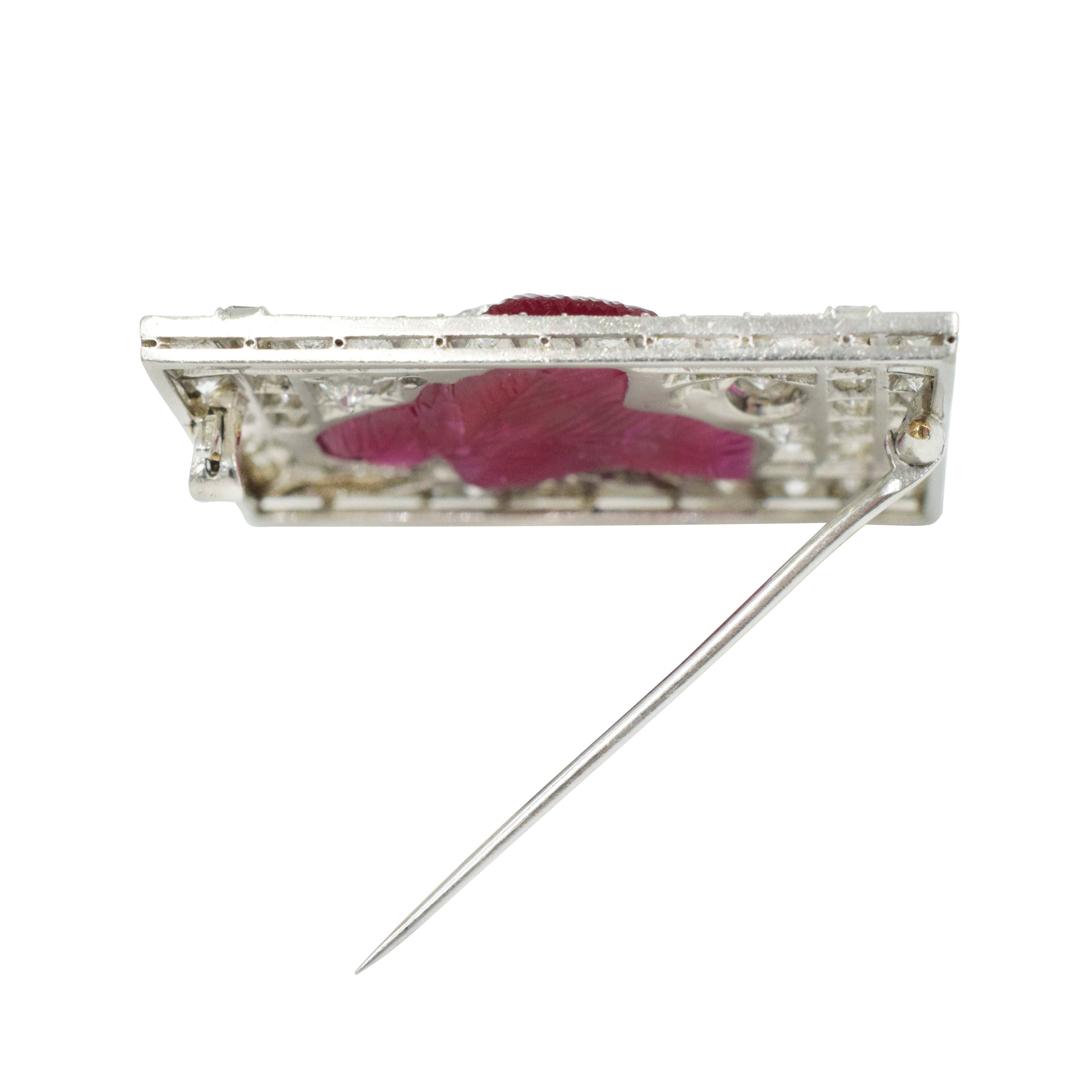 Art Deco Rectangular Carved Ruby & Diamond Brooch