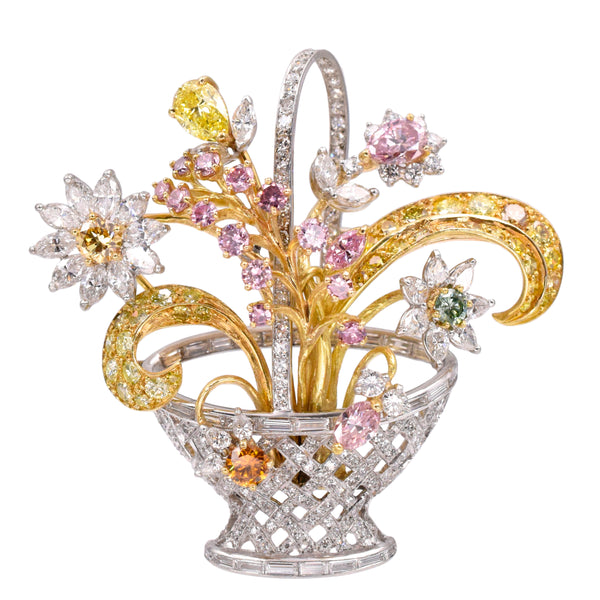 Exquisite Colored & White Diamond Flower Basket Brooch