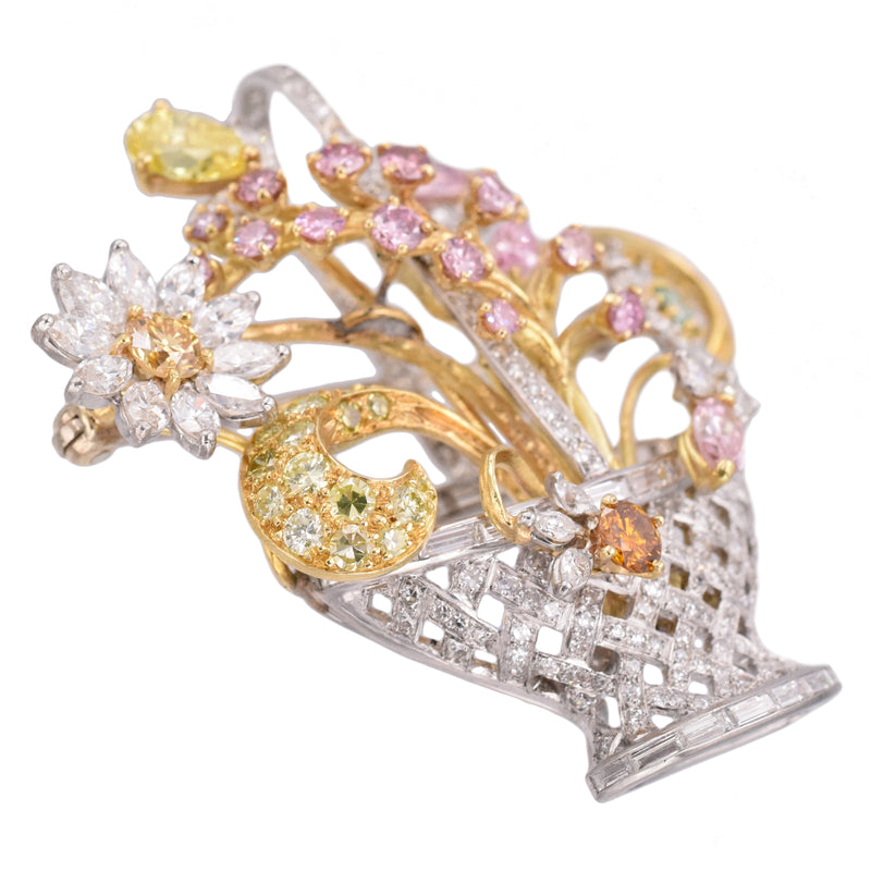 Exquisite Colored & White Diamond Flower Basket Brooch