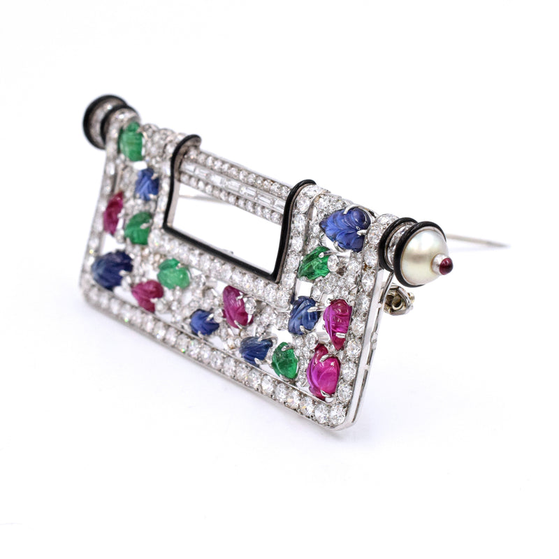1920's Diamond, Sapphire, Ruby & Emerald Chinese Key Brooch