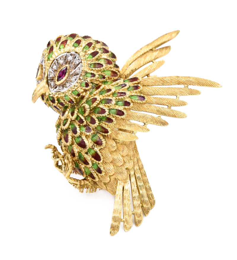 Diamond, Ruby & Enamel Owl Brooch in 18k Yellow Gold