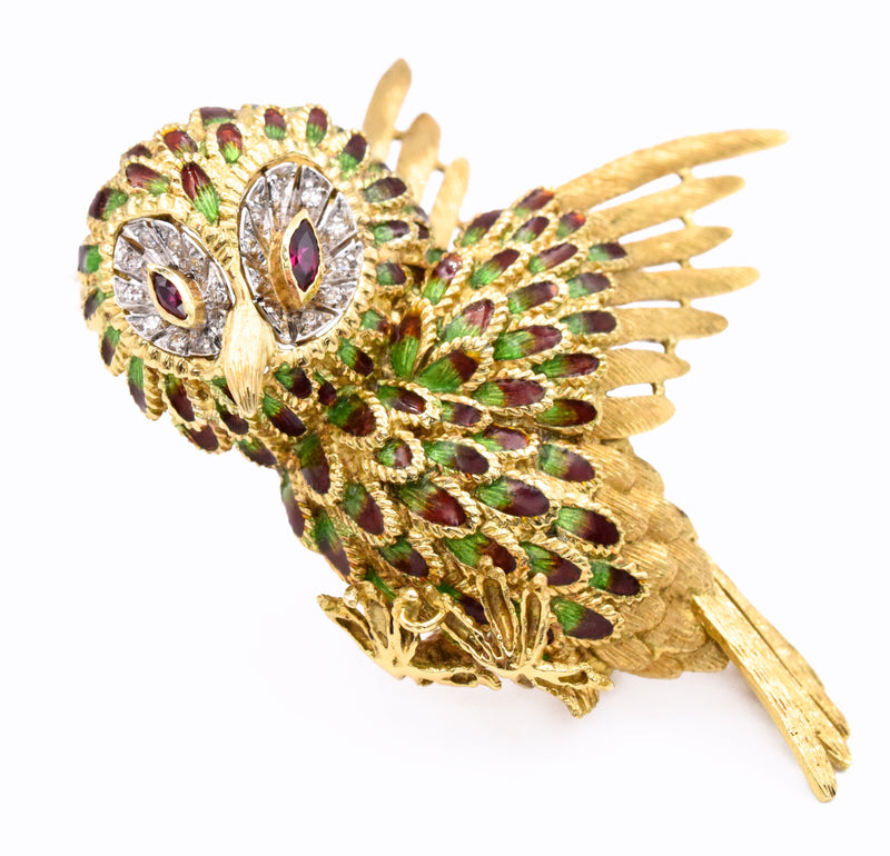 Diamond, Ruby & Enamel Owl Brooch in 18k Yellow Gold