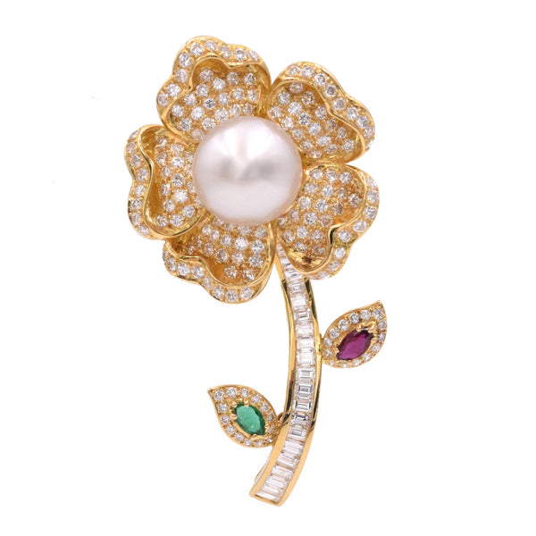 4.60ct Diamond, Pearl, Ruby & Emerald Cinquefoil Flower Brooch