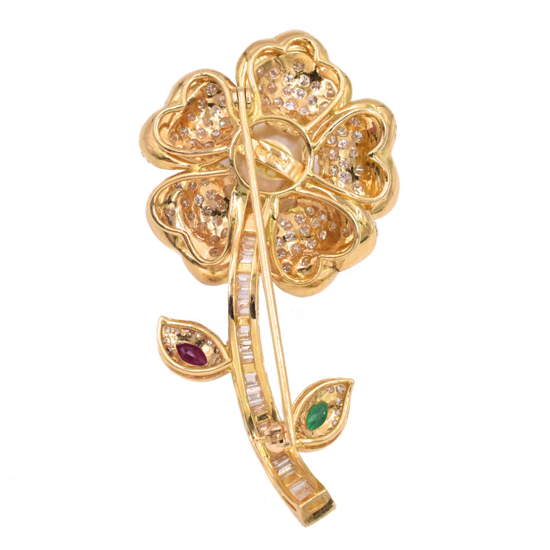 4.60ct Diamond, Pearl, Ruby & Emerald Cinquefoil Flower Brooch
