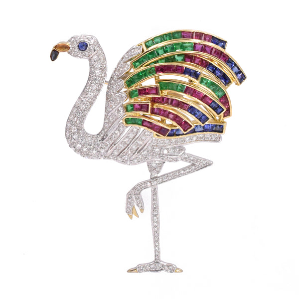 1990's Diamond, Emerald, Ruby & Sapphire Flamingo Brooch
