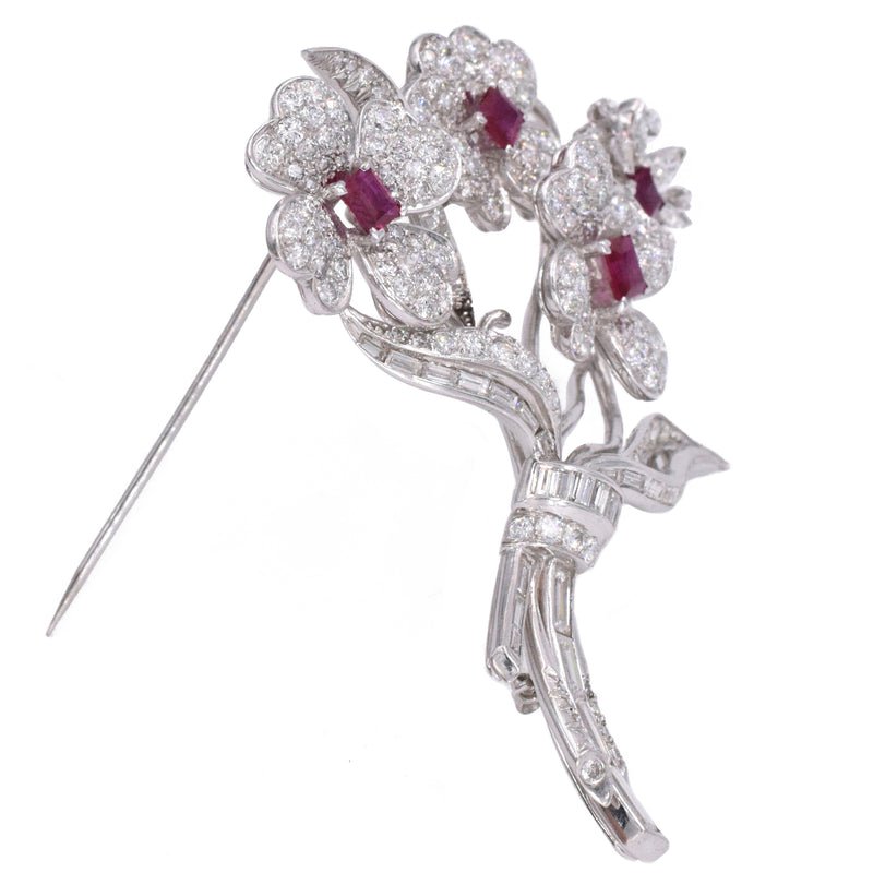 5.20ct Diamond & 1.50ct Ruby Flower Brooch in Platinum