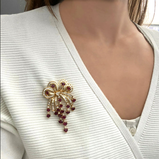 4ct Diamond & Ruby Free Style Bow Brooch & Lapel Pin