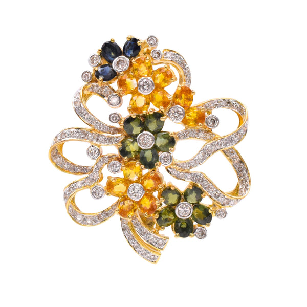 2ct Diamond & 4.7ct Multicolor Gems Flower Brooch & Pendant