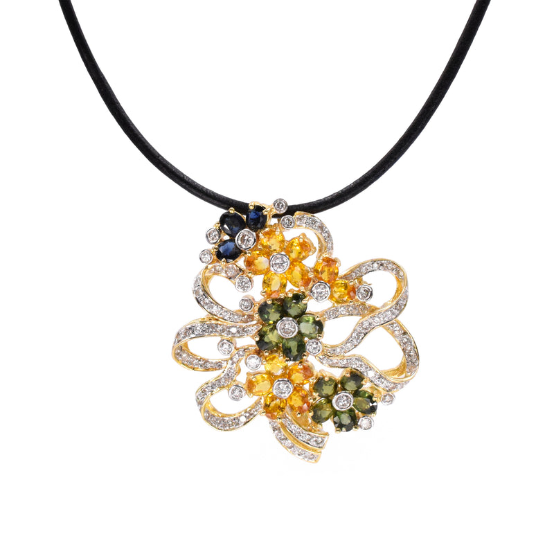 2ct Diamond & 4.7ct Multicolor Gems Flower Brooch & Pendant