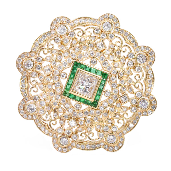 5.30ct Diamond & 0.50ct Emerald Mandala Brooch & Pendant