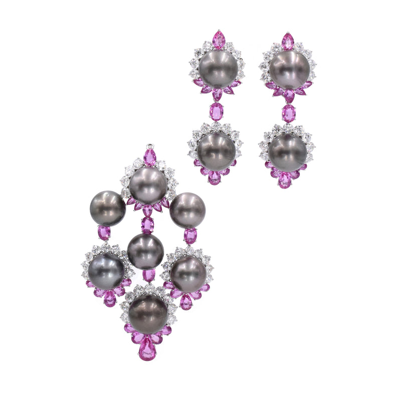 Pearl, 17.25ct Diamond, 18ct Pink Sapphires Pendant Earrings & Brooch Set