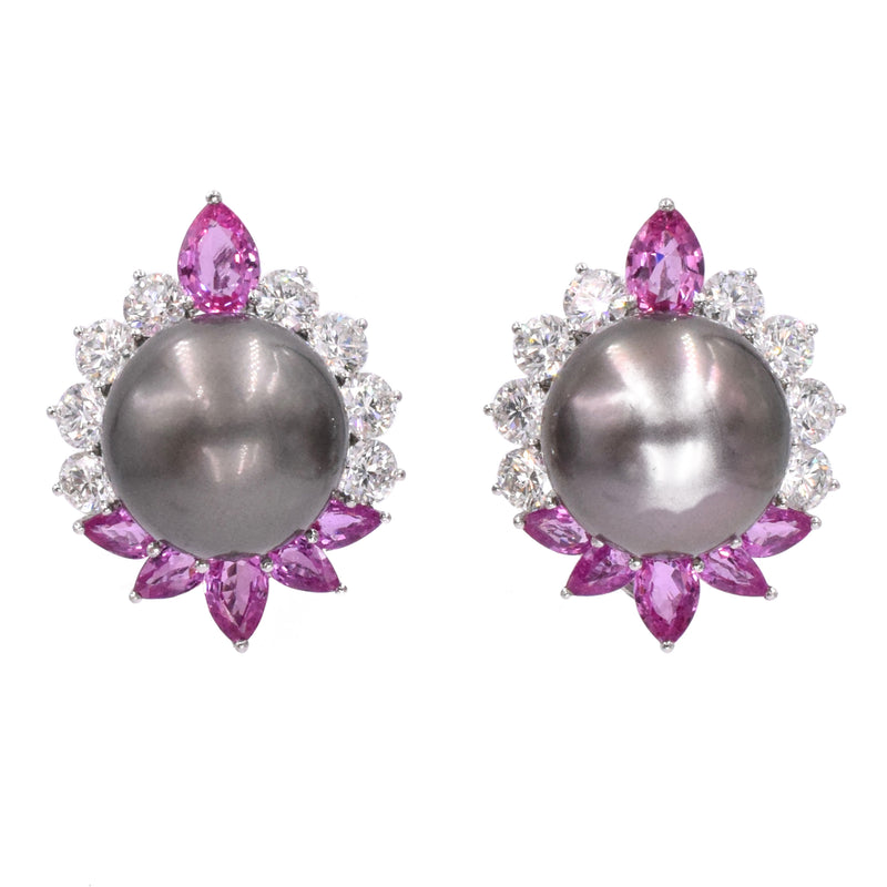 Pearl, 17.25ct Diamond, 18ct Pink Sapphires Pendant Earrings & Brooch Set