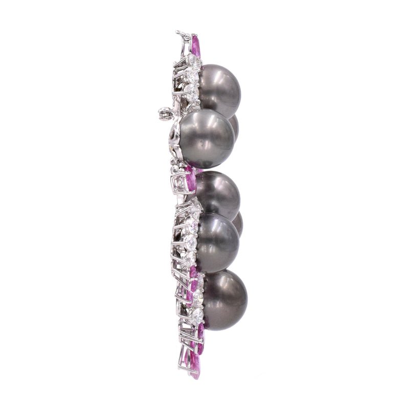 Pearl, 17.25ct Diamond, 18ct Pink Sapphires Pendant Earrings & Brooch Set