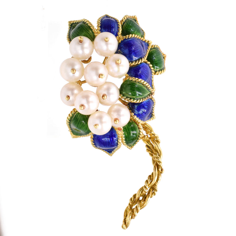 1950's Pearl & Enamel Flower Brooch in 18k Yellow Gold