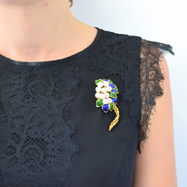 1950's Pearl & Enamel Flower Brooch in 18k Yellow Gold