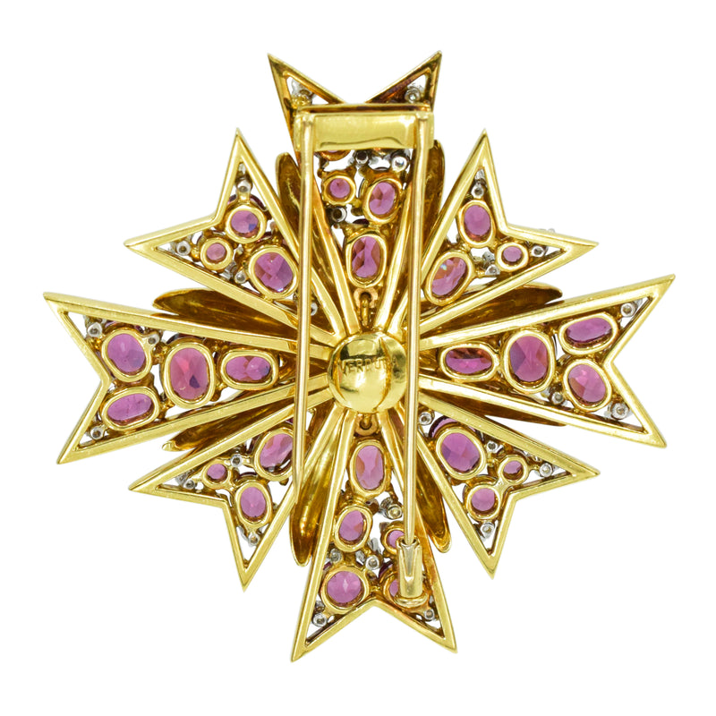 Verdura Garnet & Diamond Maltese Cross Brooch