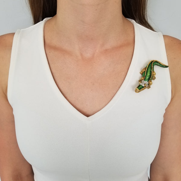 Diamond & Enamel Alligator Brooch