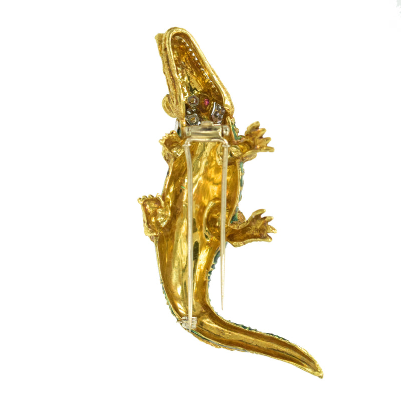 Diamond & Enamel Alligator Brooch