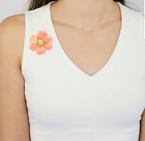 Van Cleef & Arpels Coral & Diamond 'Rose de Noel' Brooch