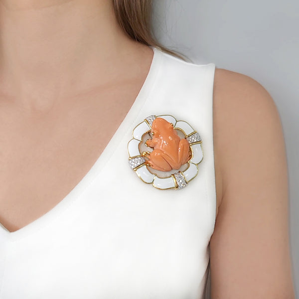 David Webb Coral, Diamond & White Enamel Frog Brooch