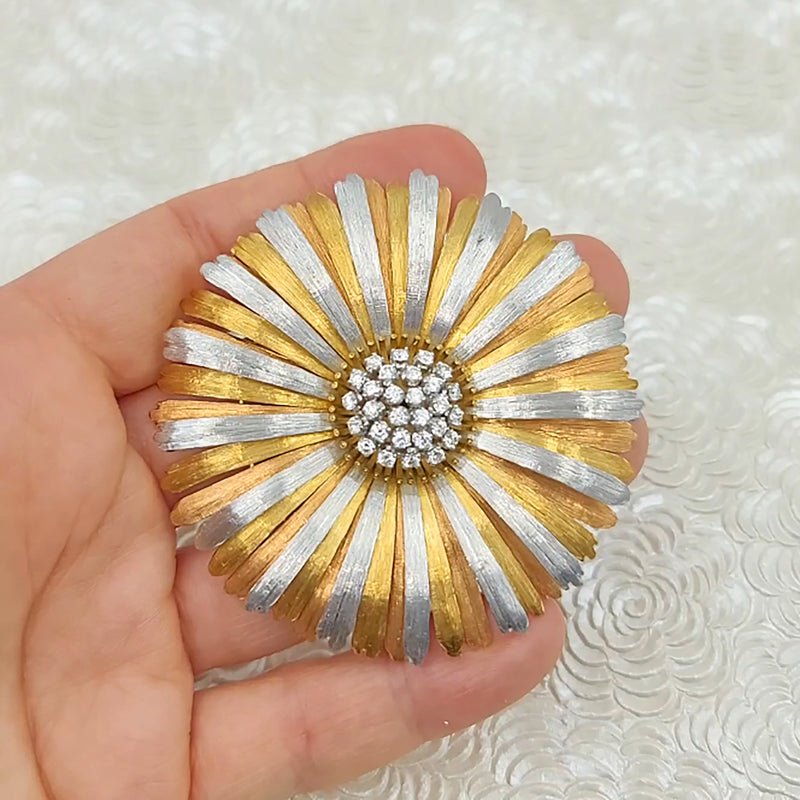 Buccellati Diamond Flower Brooch in 18k Tri-Tone Gold