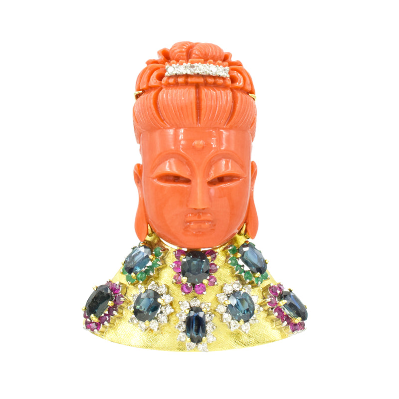 Carved Coral & Gemstone Buddha Brooch & Pendant