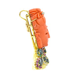 Carved Coral & Gemstone Buddha Brooch & Pendant