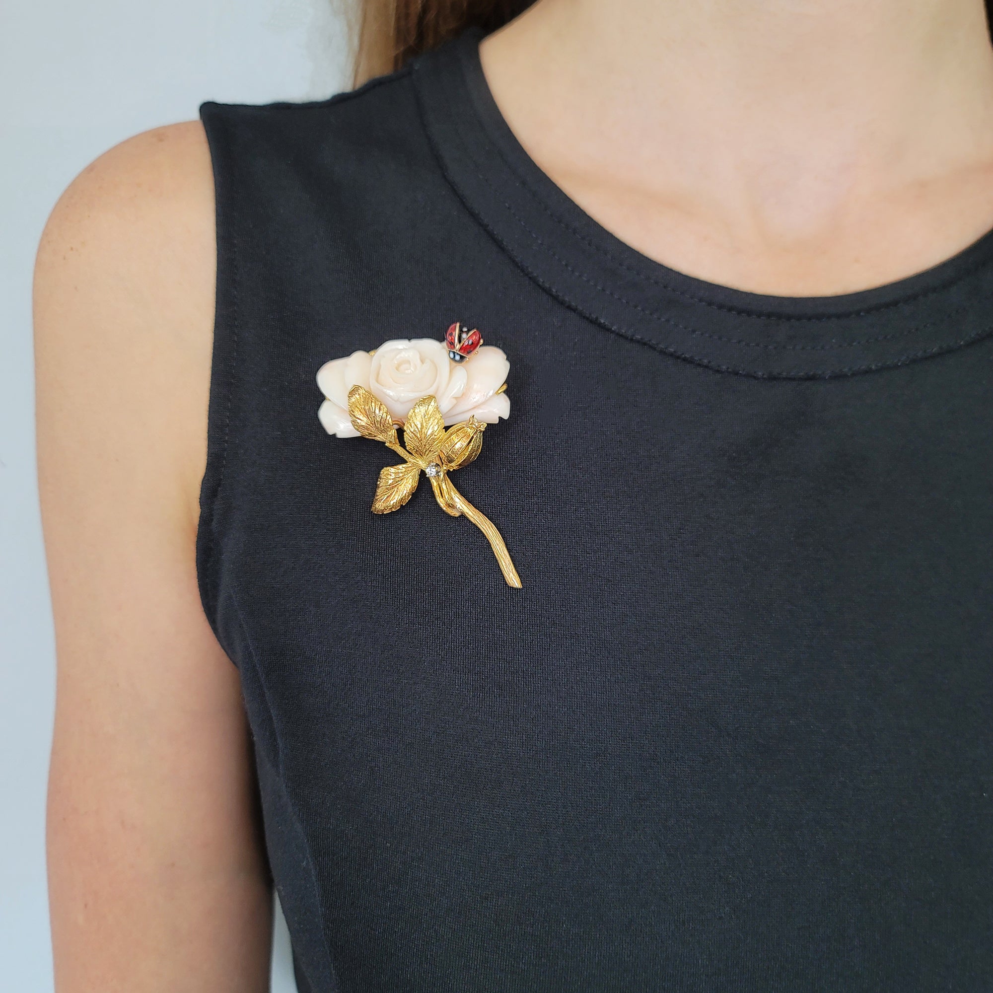 Angel Skin Coral Rose Brooch in Yellow Gold