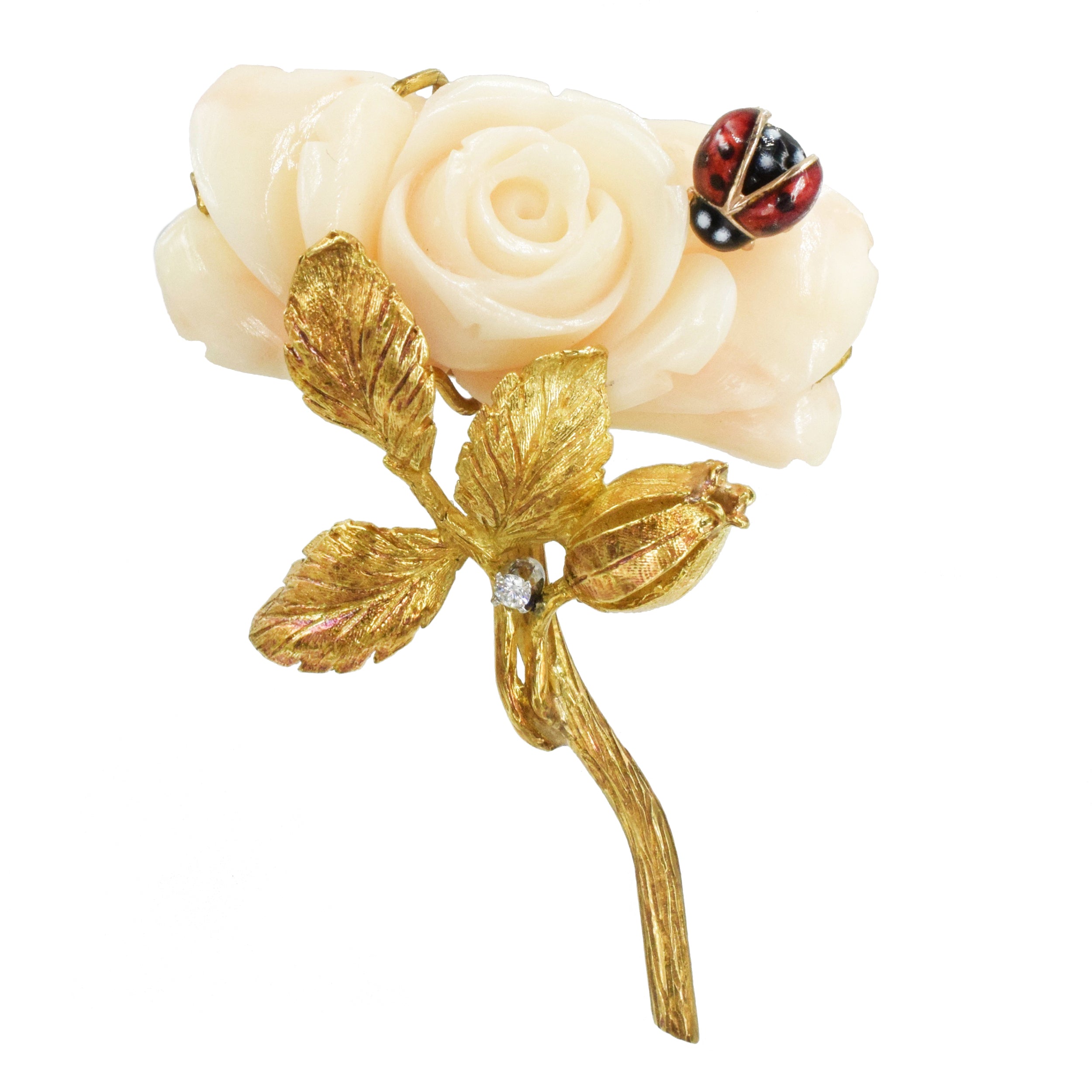 Angel Skin Coral Rose Brooch in Yellow Gold