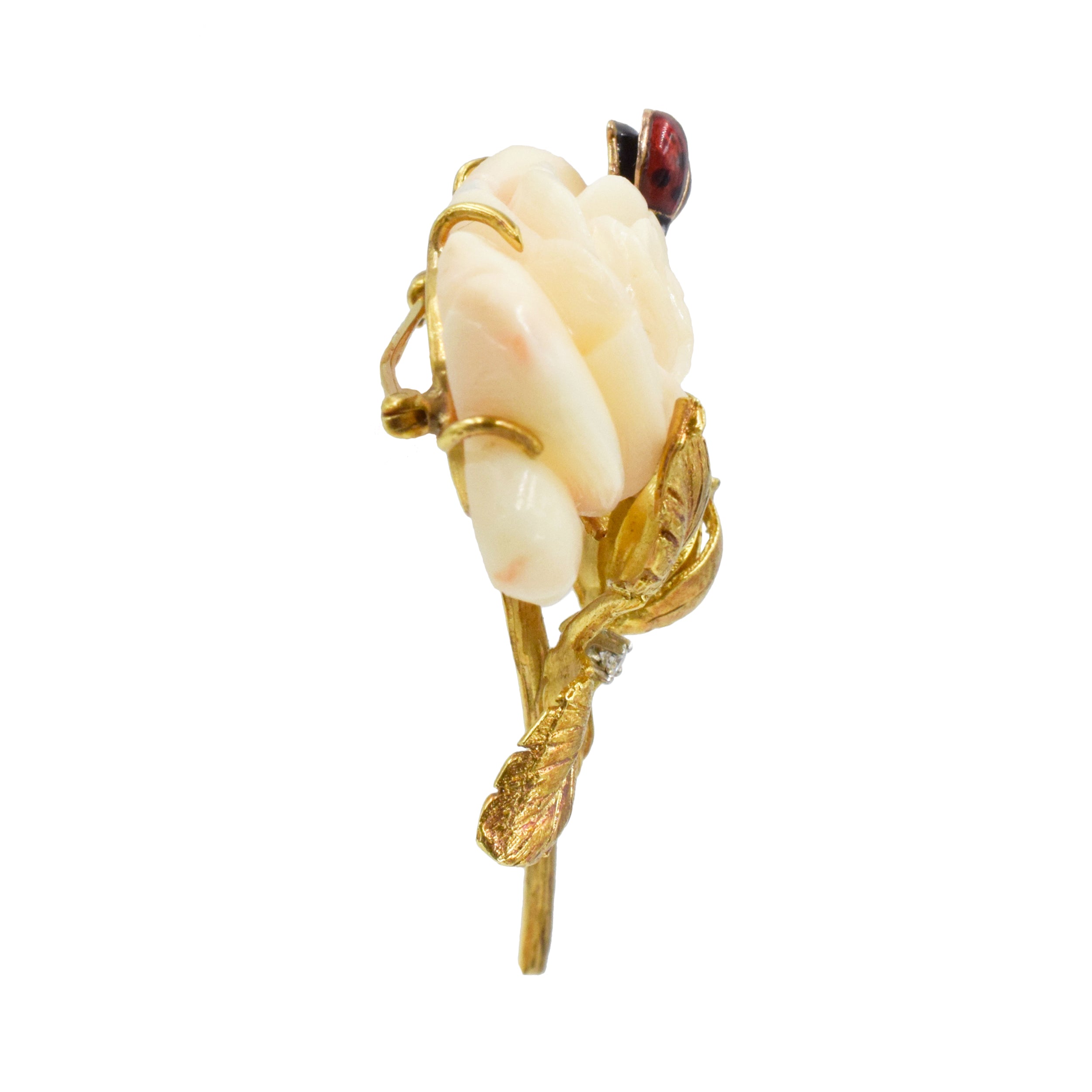 Angel Skin Coral Rose Brooch in Yellow Gold