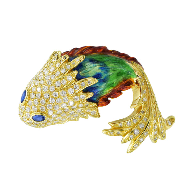 Cartier Diamond, Sapphire & Colorful Enamel Fish Brooch