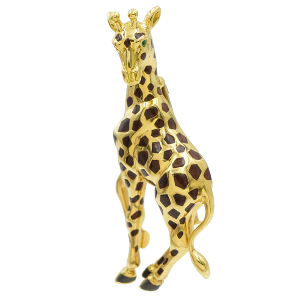 1970s Cartier Enamel Giraffe Brooch With Emerald Eyes