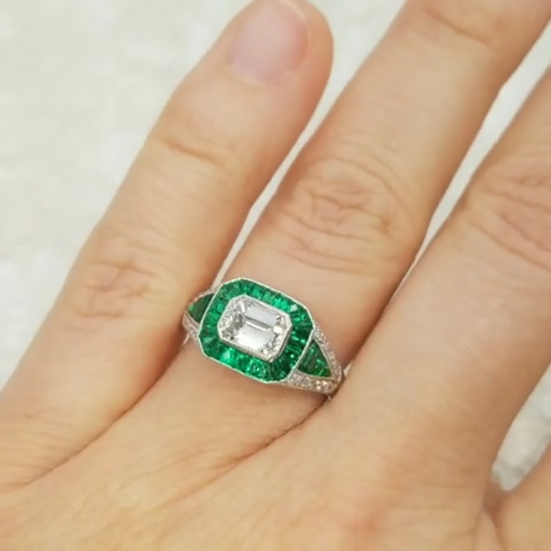 Art Deco Style Diamond & Emerald Engagement Ring in Platinum