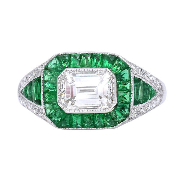 Art Deco Style Diamond & Emerald Engagement Ring in Platinum