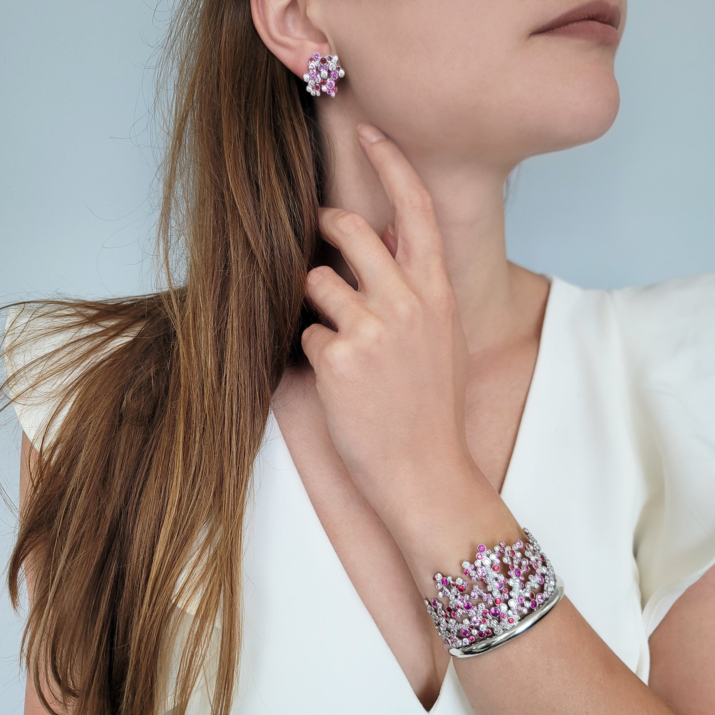 Tiffany & Co Pink & White Diamonds & Pink Sapphires Bracelet & Earrings Set