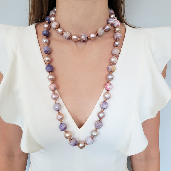 Purple & Pink Agate Bead & Pearl Necklace