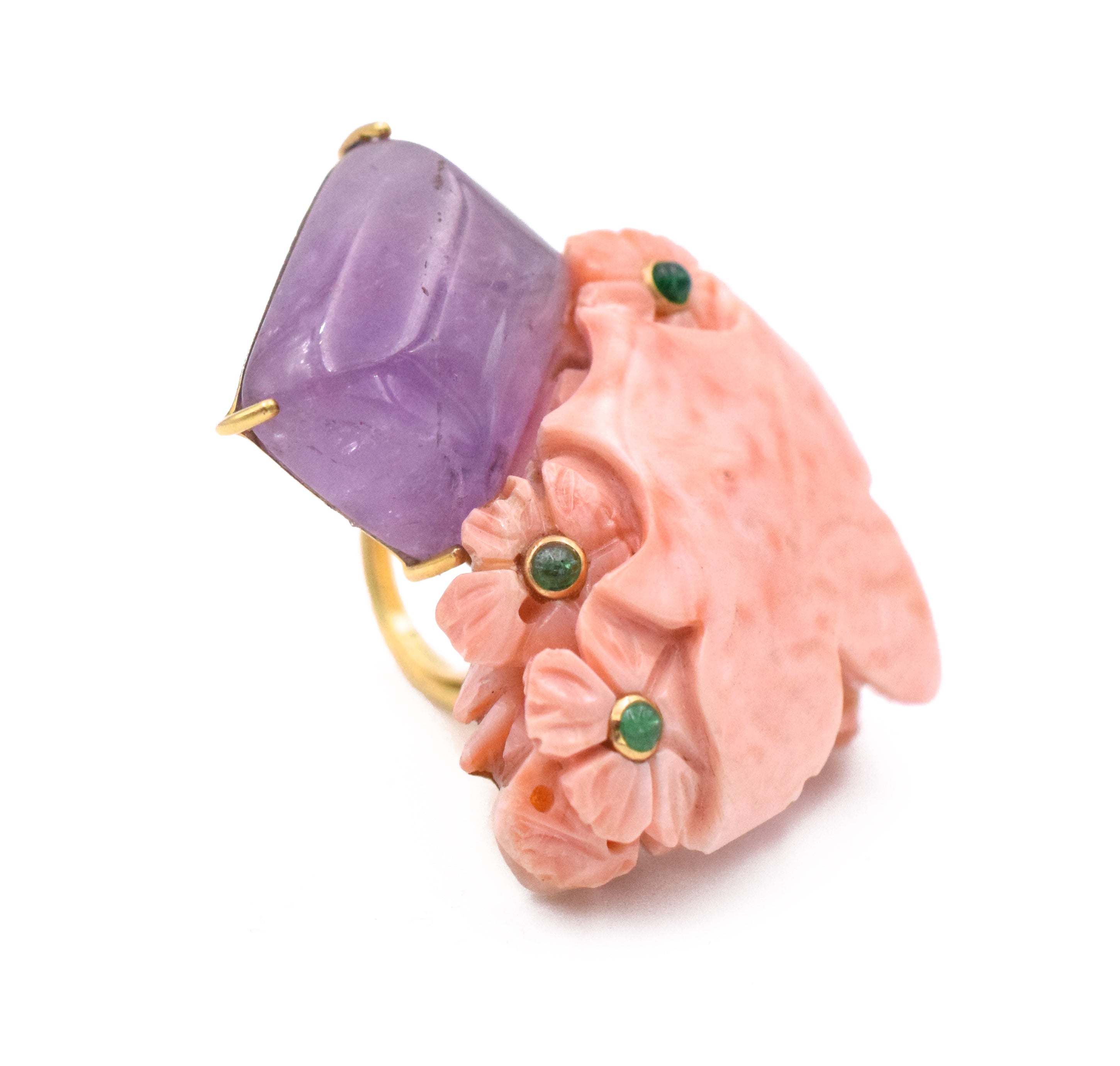 Seaman Schepps Coral, Amethyst & Emerald Ring In 18k Yellow Gold