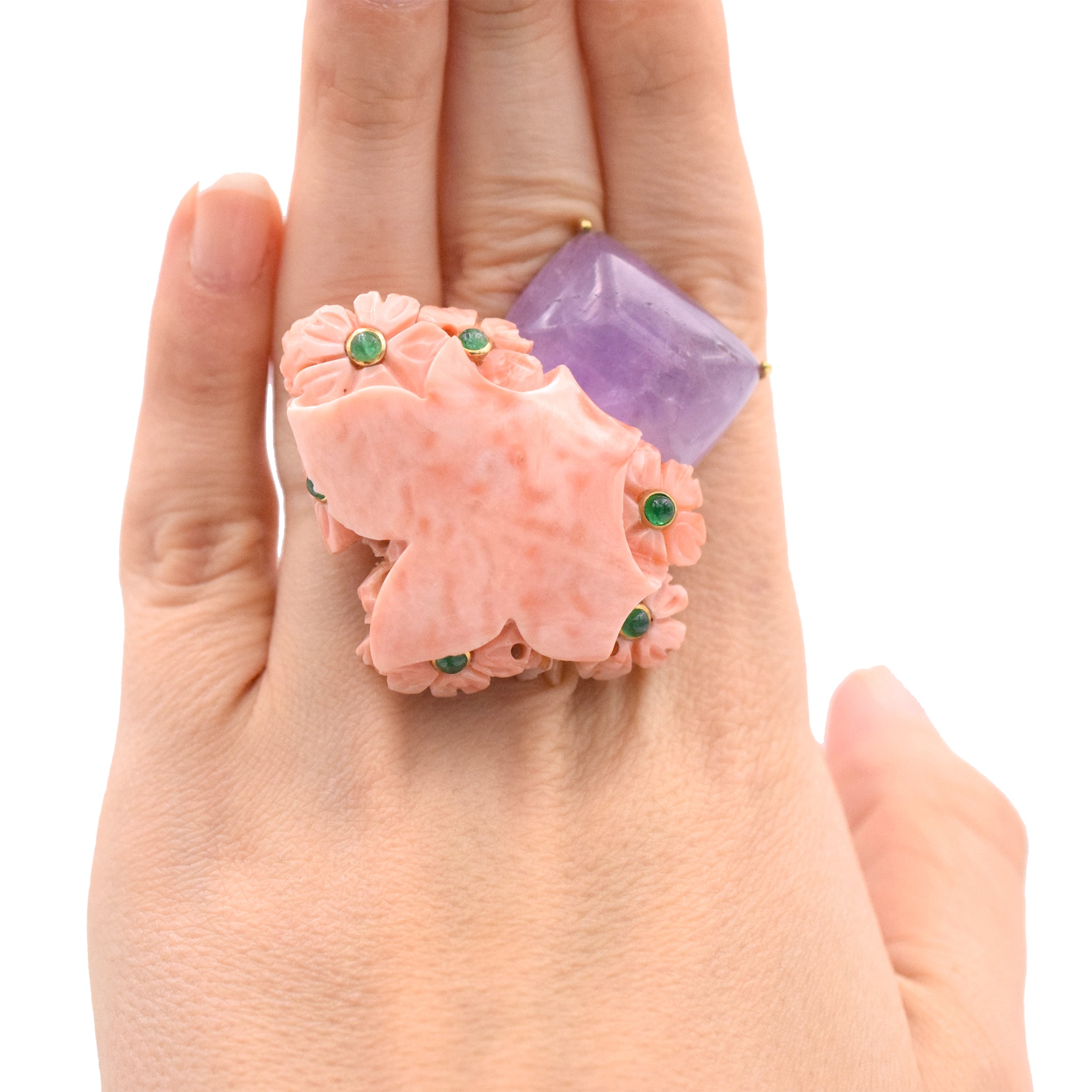 Seaman Schepps Coral, Amethyst & Emerald Ring In 18k Yellow Gold