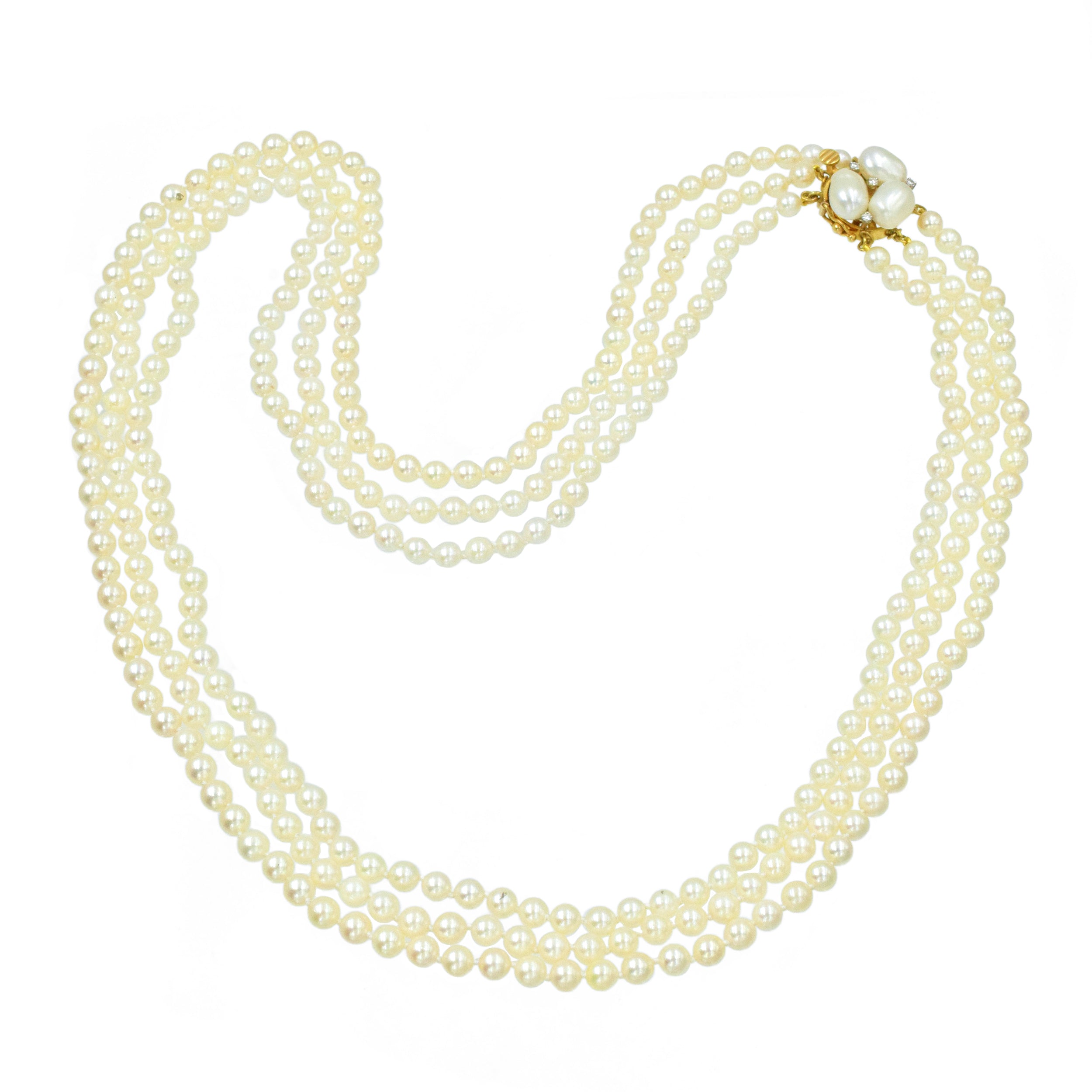 Three Strand Pearl Necklace With Pearl & Diamond Clasp