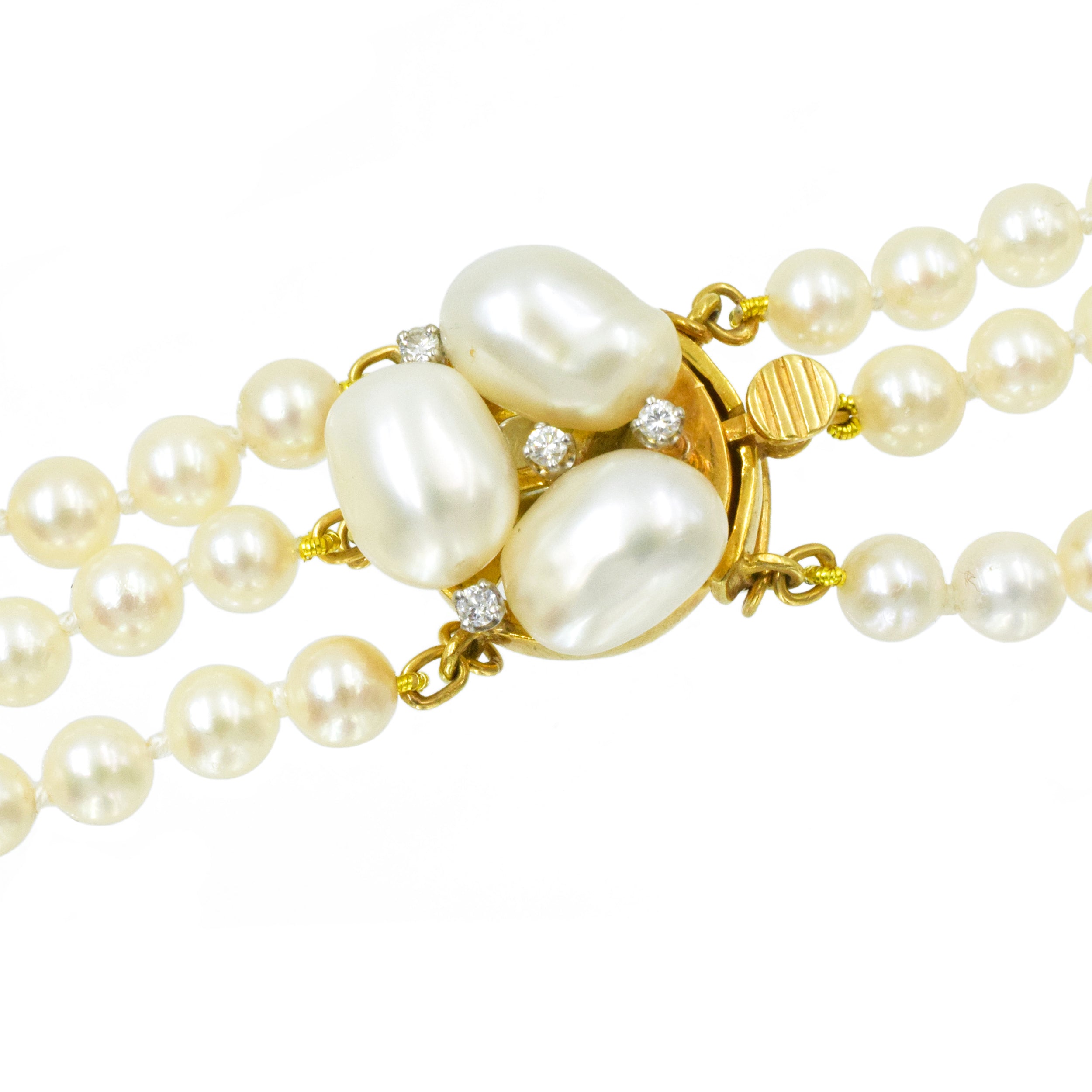 Three Strand Pearl Necklace With Pearl & Diamond Clasp