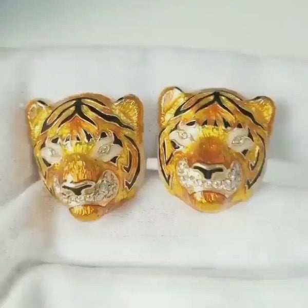 Diamond & Enamel Tiger Cufflinks in 18k Yellow Gold by Nally